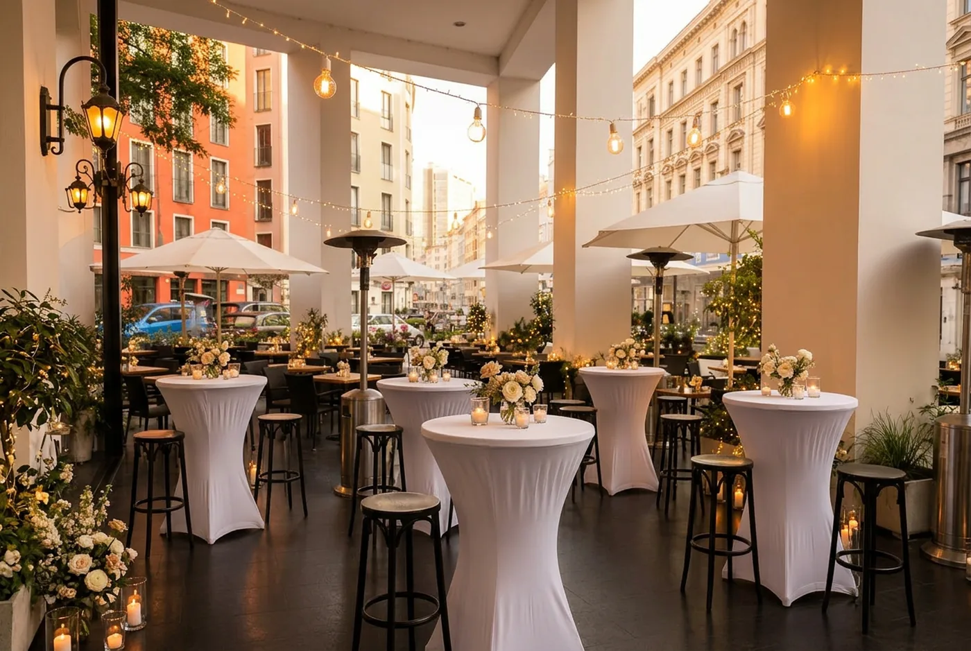 Hochzeitsfeier im Ristorante STORIA München Maxvorstadt – festlich eingedeckte Tische mit weißen Hussen und warmer Lichterdekoration