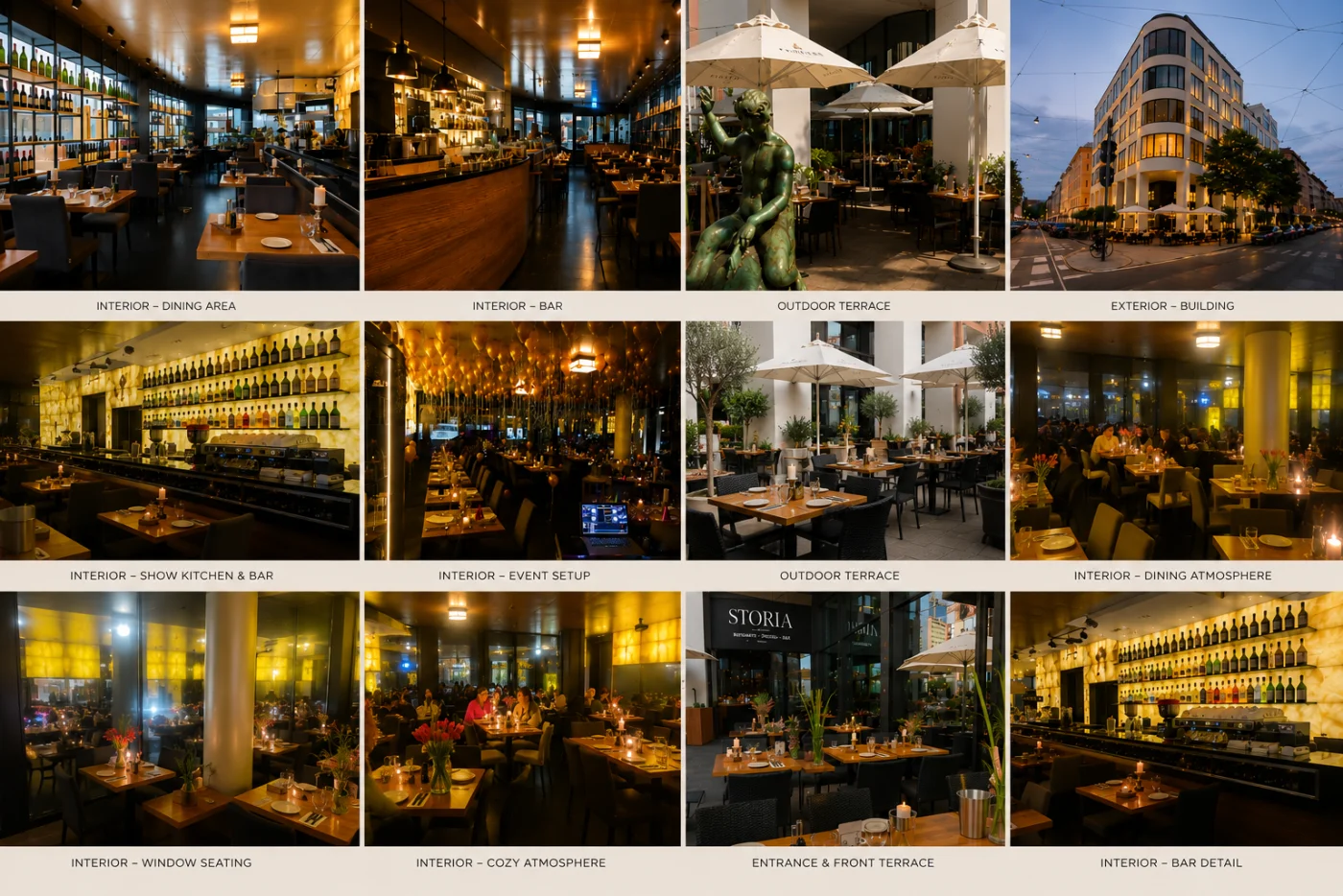 Ristorante STORIA München — Dining Area mit Kerzenlicht, Bar und romantische Terrasse