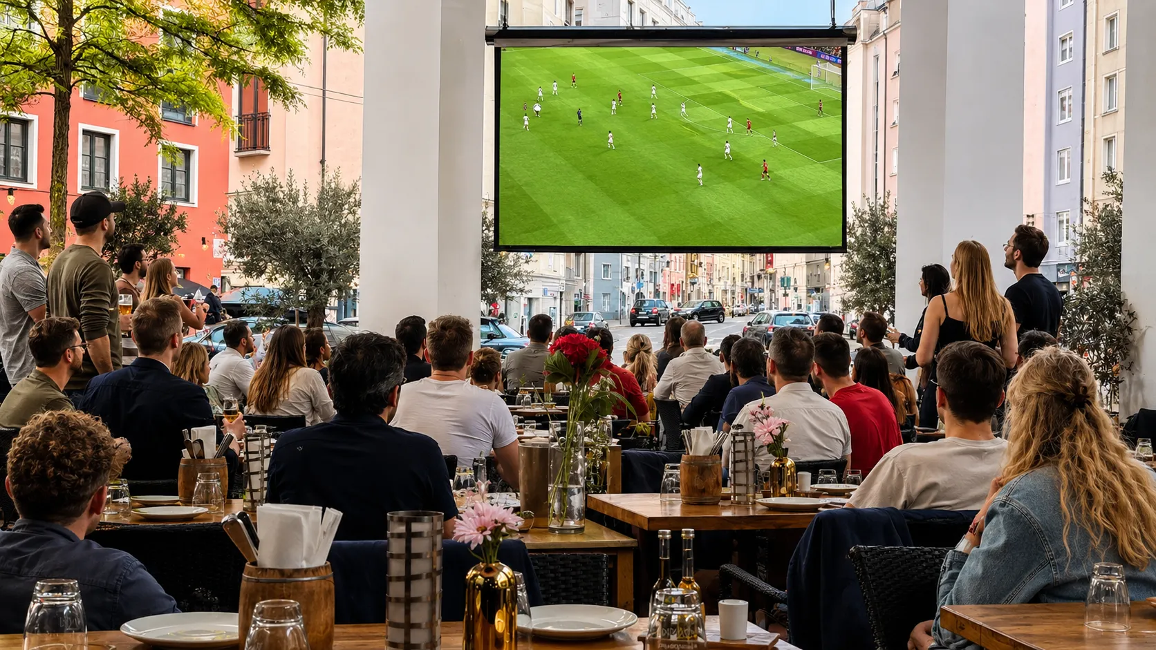 Gäste verfolgen ein WM-Spiel auf der überdachten Terrasse des STORIA in der Karlstraße in München